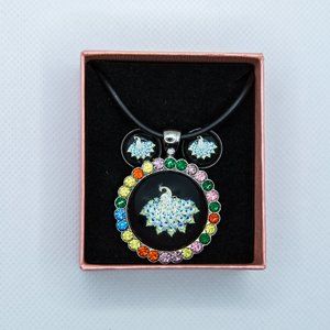 Peacock Glass Necklace With Earrings